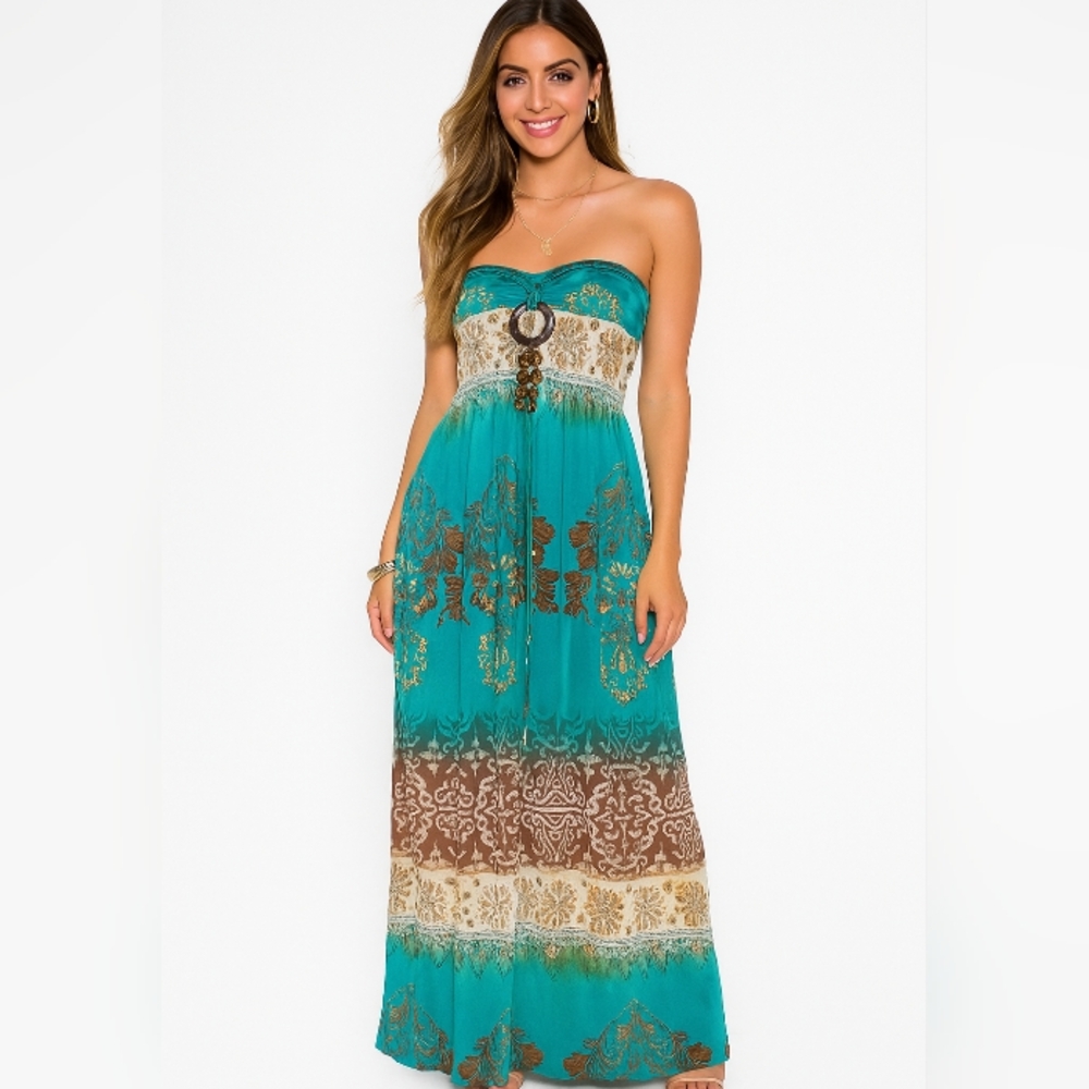 Boho Brown Teal Maxi Dress Southwestern Print Beaded Neck Halter Tie BRAND NEW